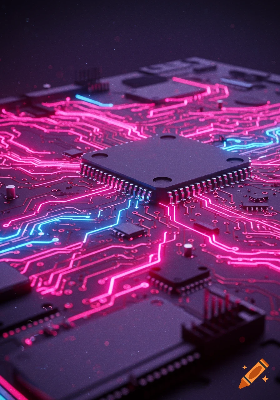 A close-up view of a circuit board with glowing pink and blue pathways and various electronic components.