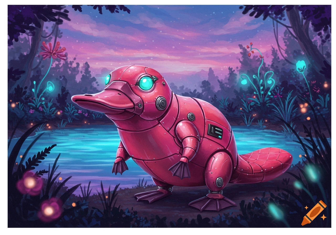 A vibrant pink robot platypus with glowing eyes stands by a turquoise pond in a mystical forest under a purple-pink sky.