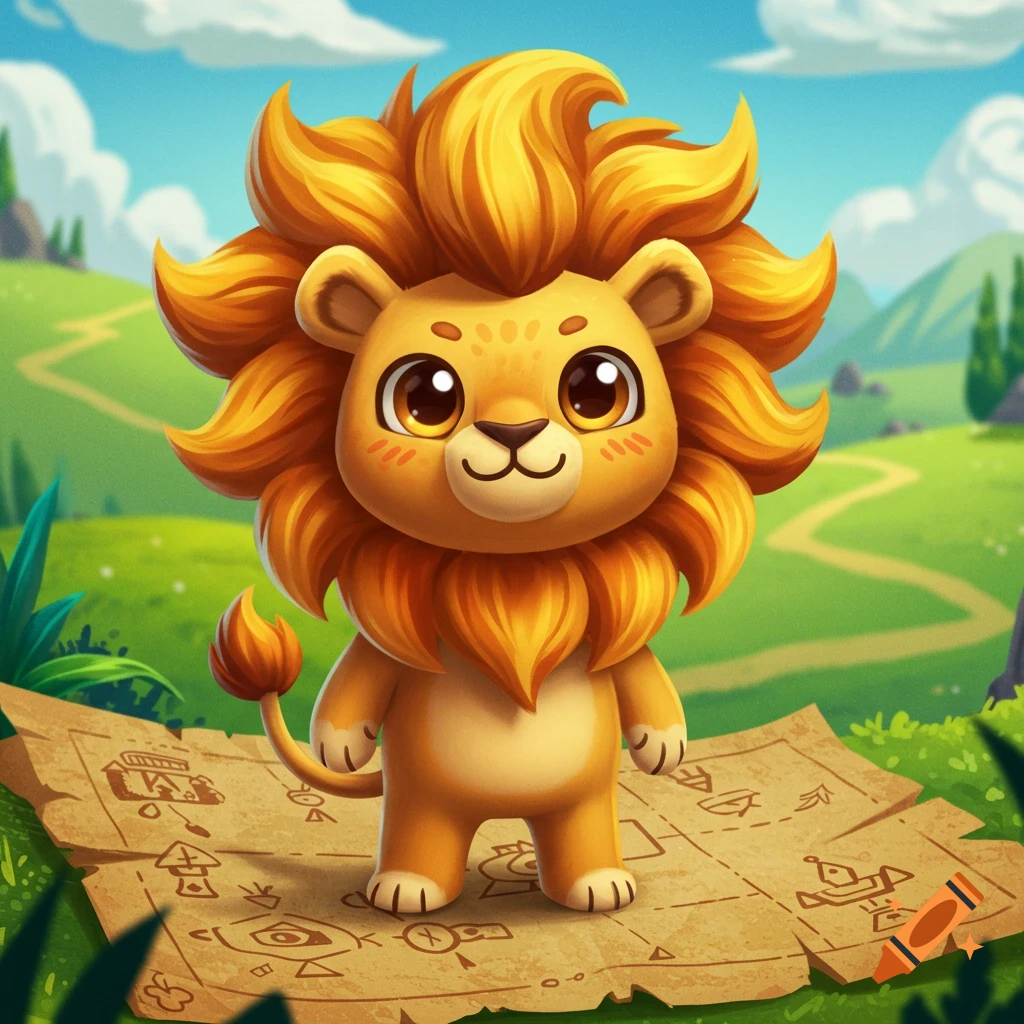 A cute, stylized cartoon lion with a large golden mane stands on a treasure map filled with symbols, set in a vibrant green landscape.