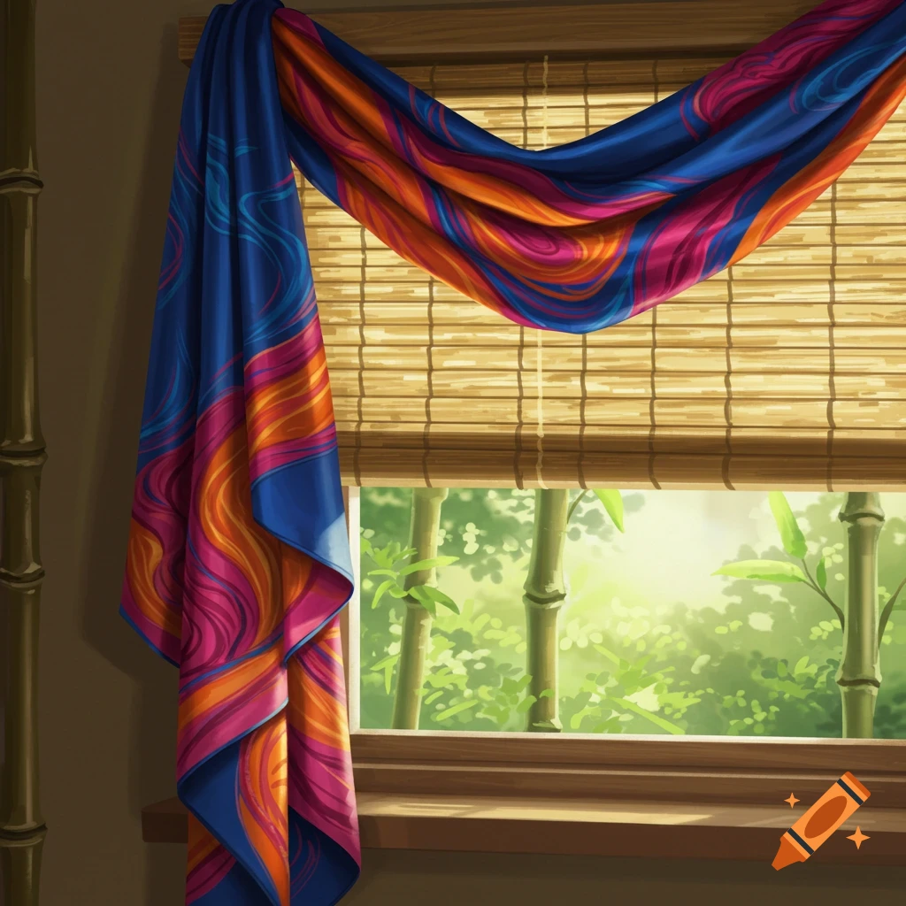 A window with a bamboo shade, draped with a colorful silk scarf in blue, orange, and pink, overlooks green bamboo stalks.