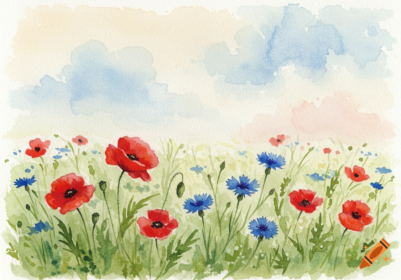 A soft watercolor painting of a field with red poppies and blue cornflowers under a sky with gentle clouds.