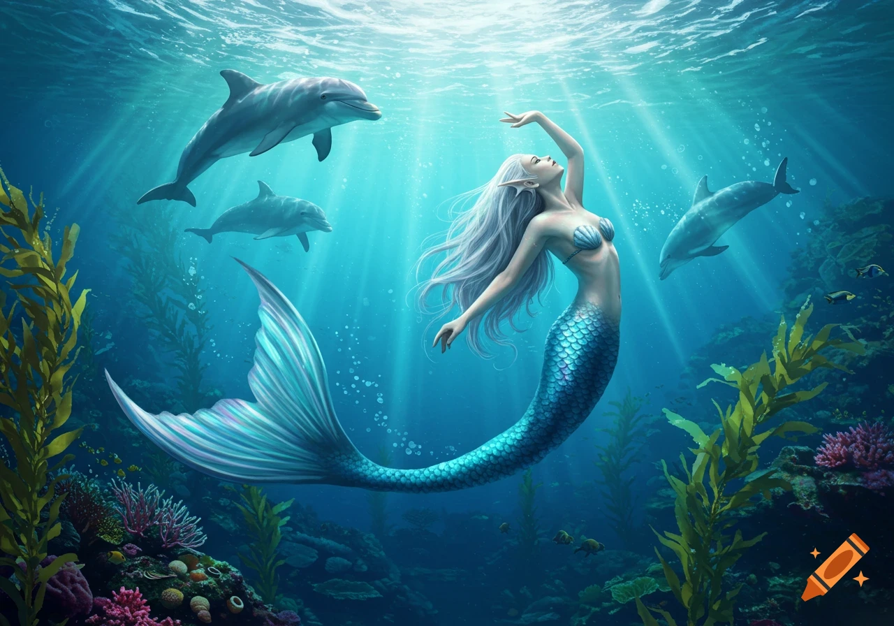 A graceful mermaid with long white hair and a blue-green tail swims upward in a deep blue ocean with dolphins, coral, and sunbeams.
