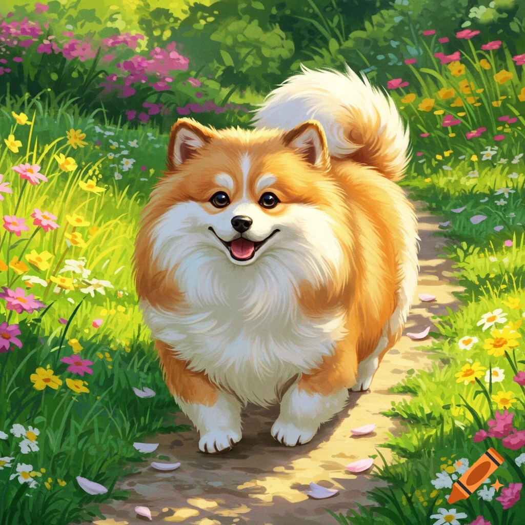 A fluffy, orange and white dog with a happy expression walks on a path through a vibrant field of colorful flowers.