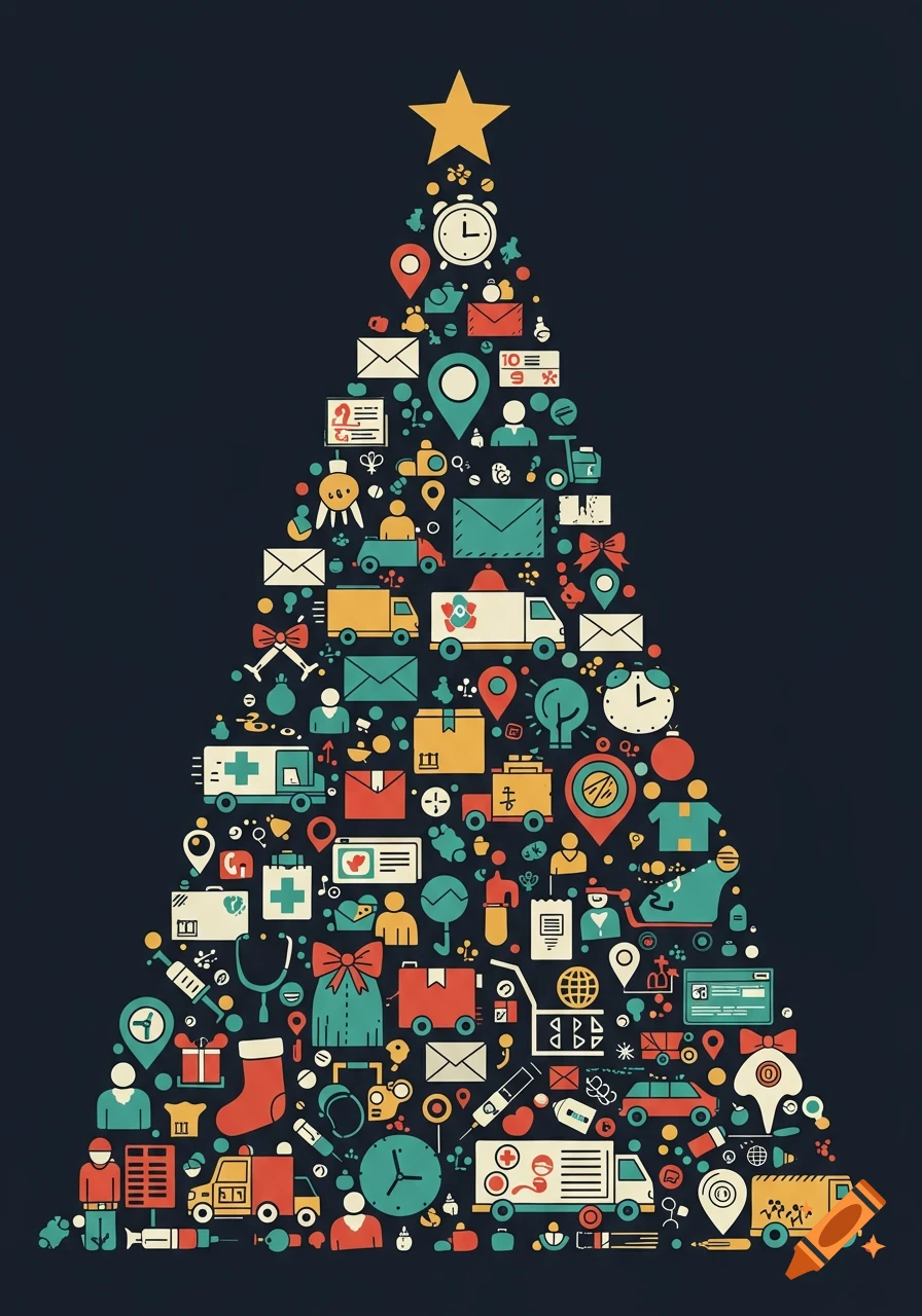 A Christmas tree shape composed of colorful logistics and medical icons on a dark background, topped with a yellow star.