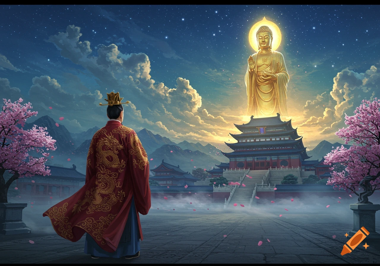 A Chinese Emperor watches a giant golden Buddha float above an imperial palace under a starry night sky, with cherry blossoms and mountains.