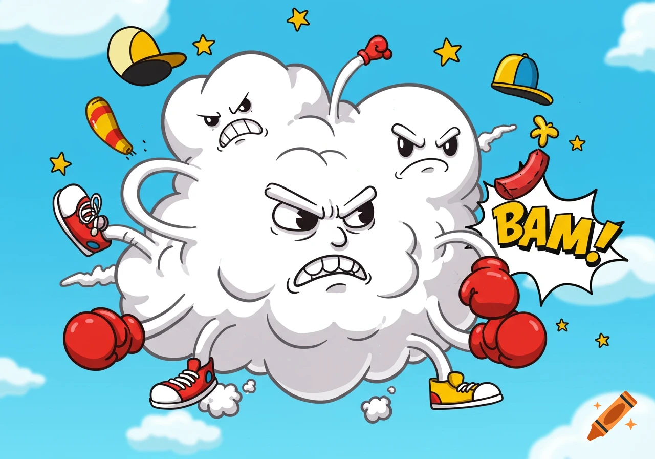 A cartoon fight cloud with angry faces, boxing gloves, and shoes, with 'BAM!' in a speech bubble, against a blue sky.