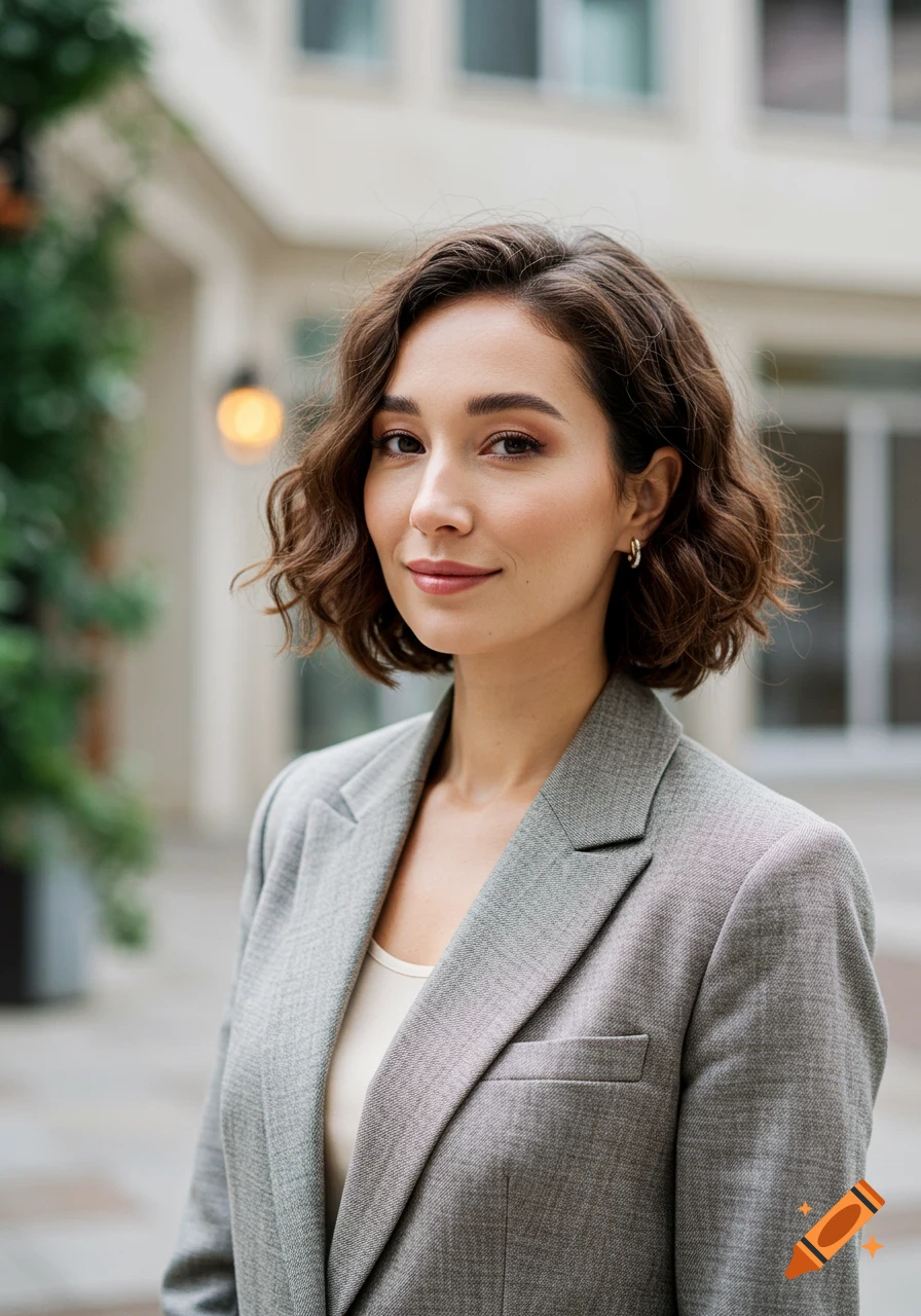 Photorealistic portrait of an elegant woman with wavy brown hair wearing a grey blazer, smiling slightly outdoors.