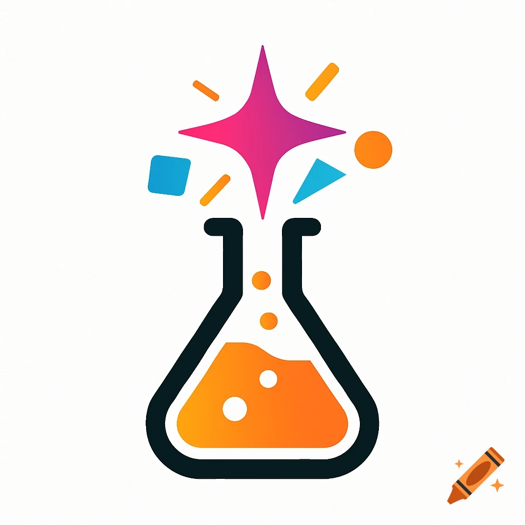 Stylized logo of a laboratory flask with orange liquid, from which a vibrant pink star and colorful geometric shapes erupt.