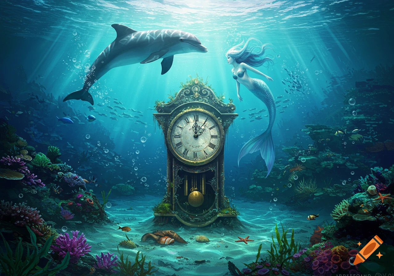 A majestic dolphin and a beautiful mermaid swim around an ornate, moss-covered grandfather clock at the bottom of a vibrant ocean reef, with sun rays piercing the water.