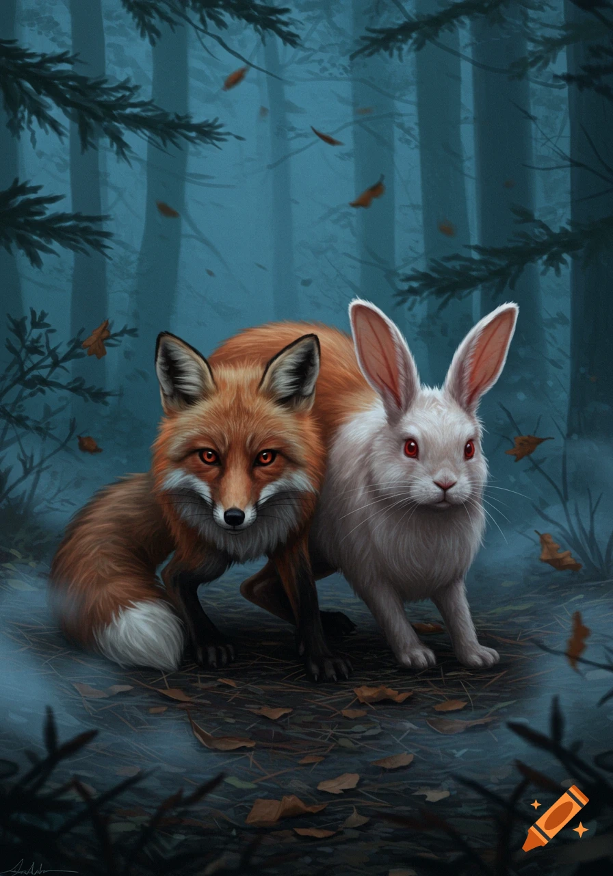 A red fox and a white rabbit with glowing red eyes stand intently in a misty, dark forest filled with pine trees and fallen leaves, in a digital painting style.