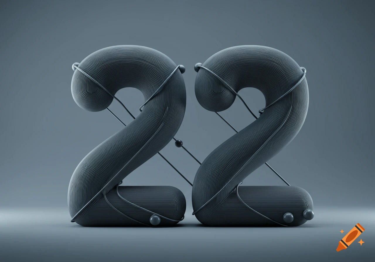 A stylized 3D rendering of the number 22, composed of parallel, undulating lines in a monochromatic grey palette.