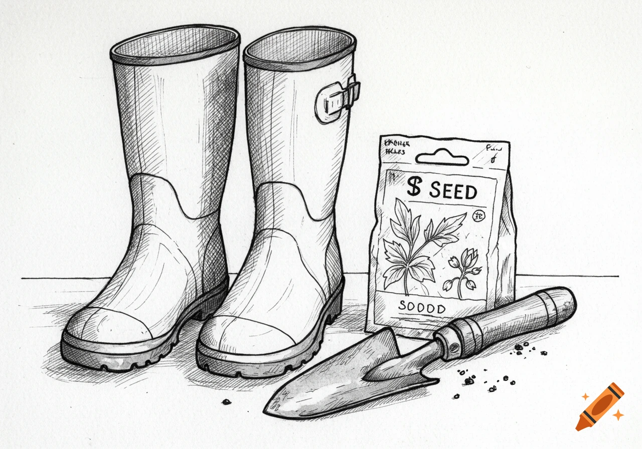 A line drawing of gardening wellington boots, a seed packet with text, and a trowel on a white background.