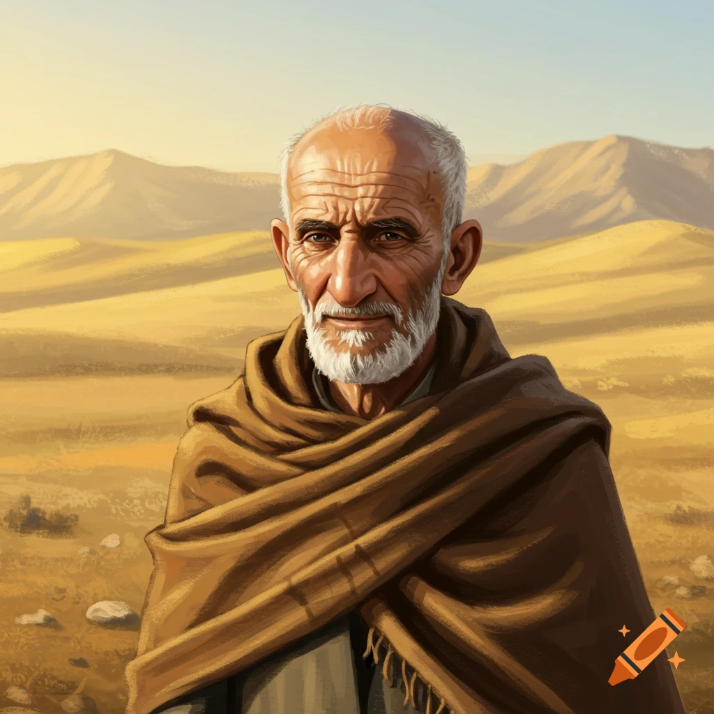 Digital painting of an old man with a white beard and brown shawl, standing in a desert landscape.