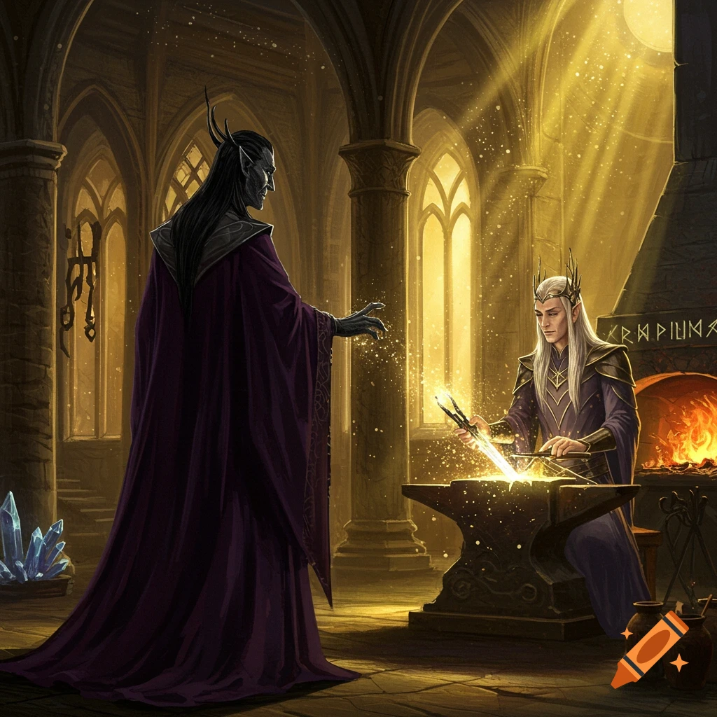 A dark elf watches a crowned elf forge a glowing sword on an anvil in a grand, sunlit fantasy hall.