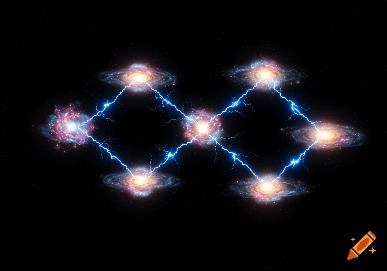 Several luminous spiral galaxies connected by bright blue lightning bolts against a dark, star-filled space background.