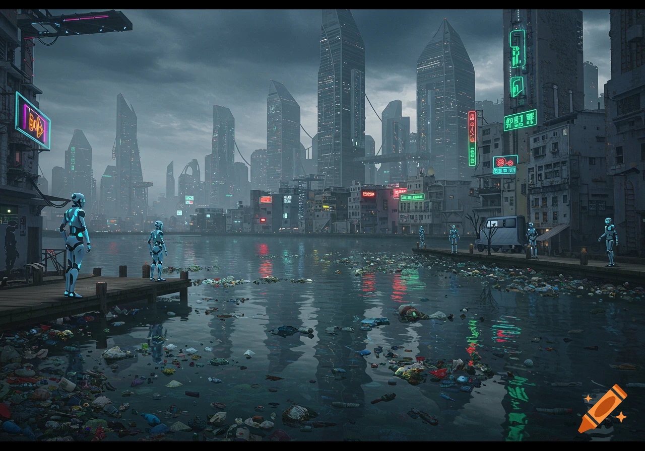 Robots stand on a dock by a heavily polluted river in a futuristic, dystopian city with tall, angular buildings and neon signs.