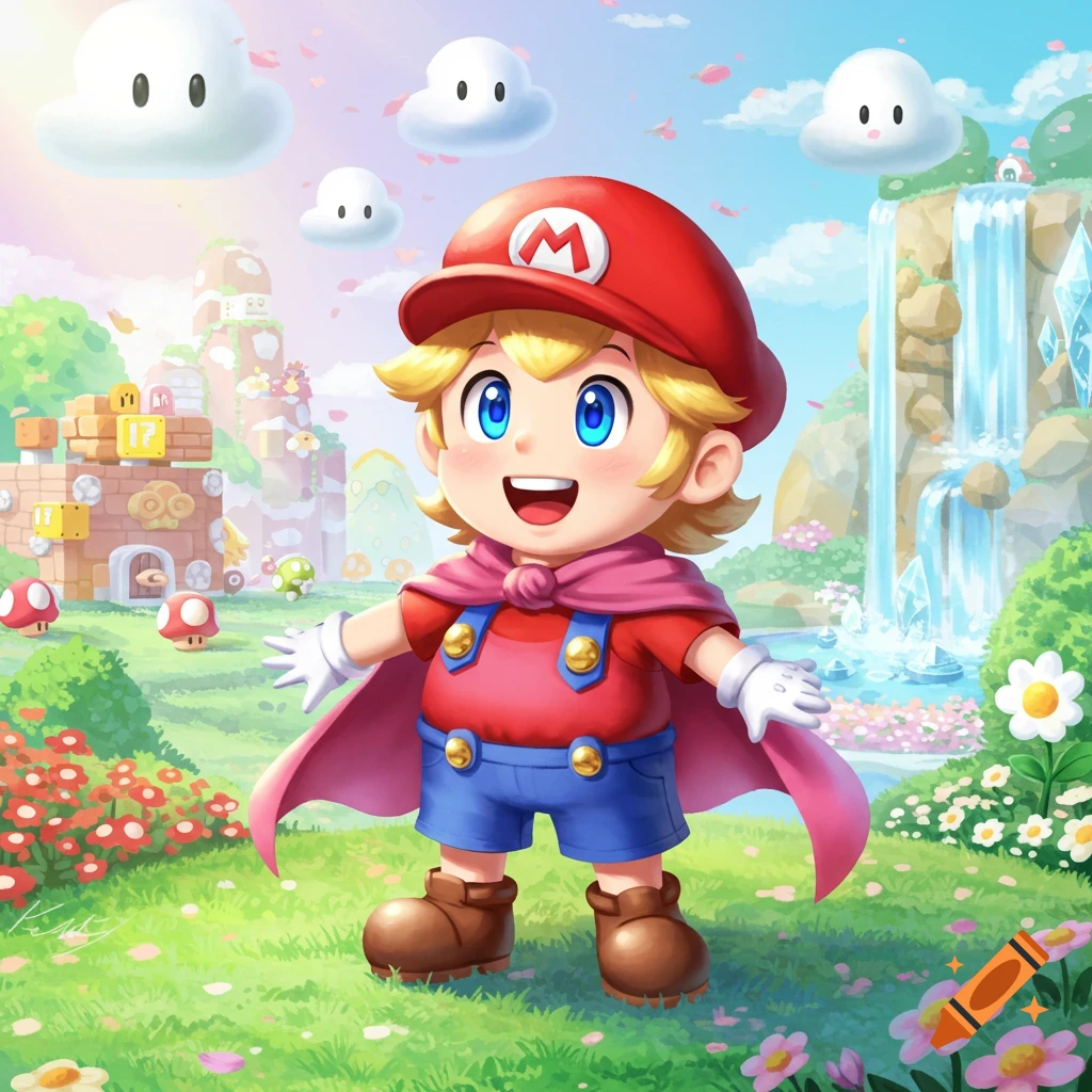 A cute, cartoonish child character wearing a red Mario hat and pink cape, standing in a vibrant Super Mario-themed landscape with clouds, blocks, mushrooms, and a waterfall.