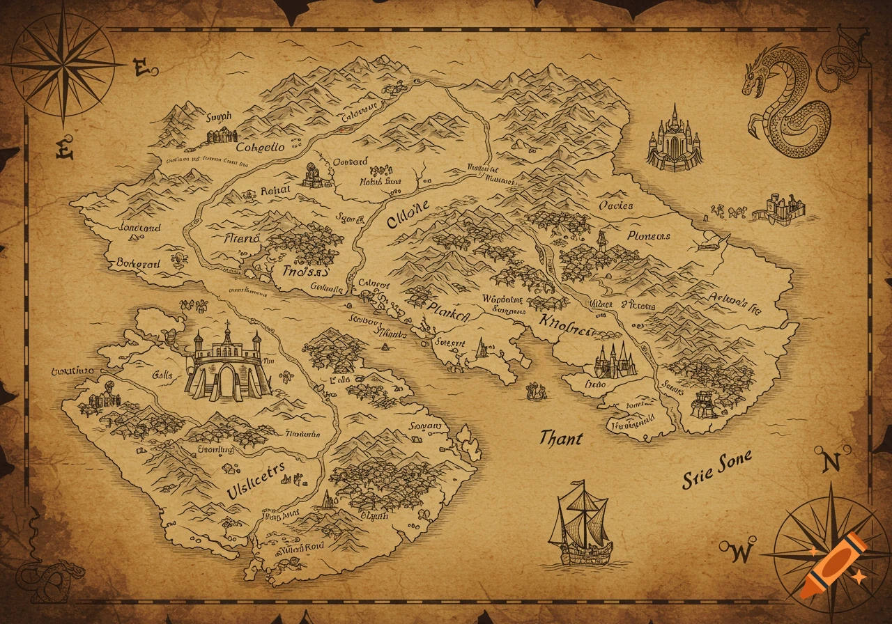 Detailed hand-drawn fantasy world map on ancient papyrus with continents, mountains, rivers, cities, a compass rose, a dragon, and a ship.