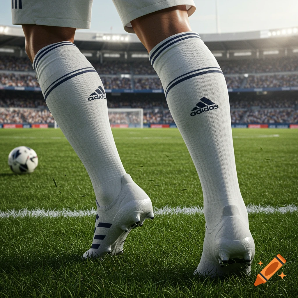 Close-up of a soccer player's legs wearing white Adidas socks and cleats on a green field with a ball and stadium.
