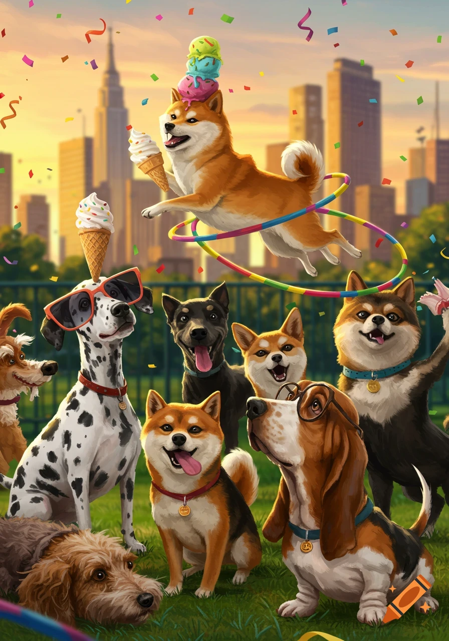 Goofy cartoon dogs celebrating in a city park with ice cream and confetti, one floating with a hula hoop.