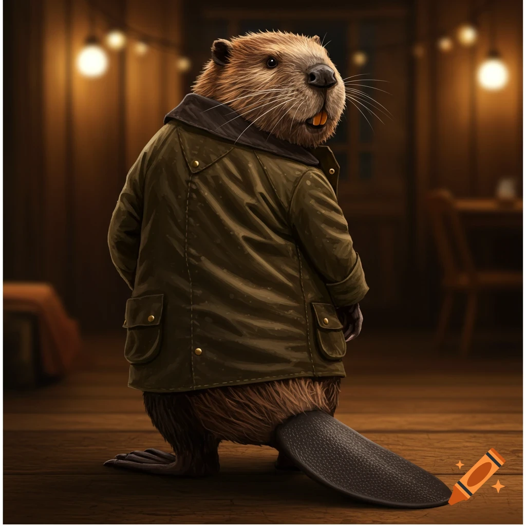 An anthropomorphic beaver in a green coat stands in a dimly lit wooden room, looking back over its shoulder.