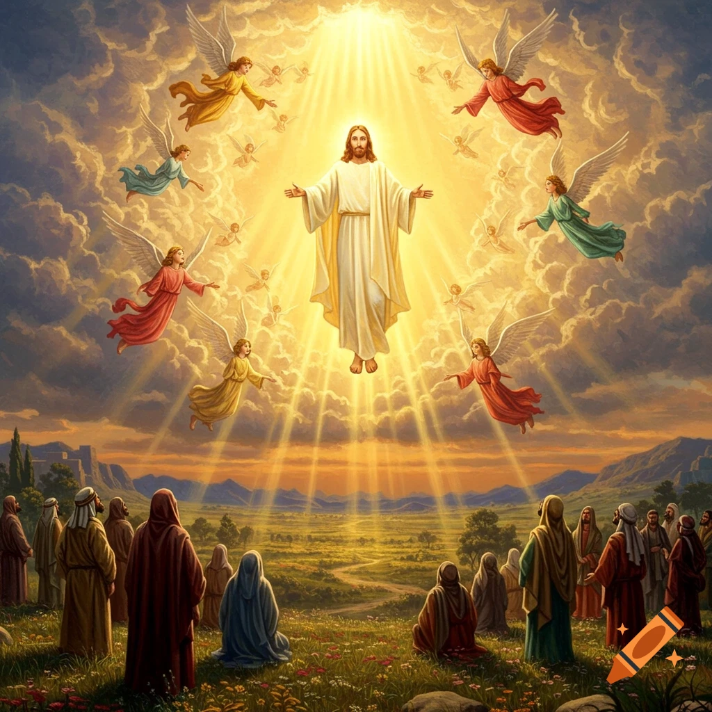 Jesus, surrounded by angels, ascends into a radiant sky as people watch from a lush, flowery field below.