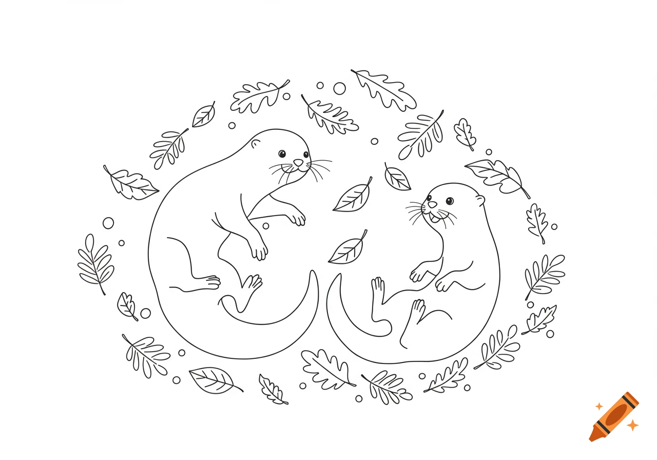 Two otters playing with autumn leaves in a line art coloring page style.