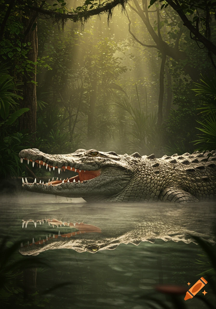 Photorealistic crocodile with open mouth partially submerged in a misty jungle river with sunlight filtering through trees.