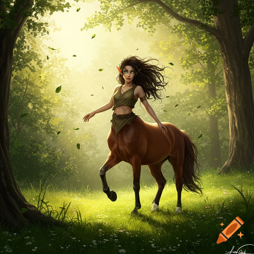 A female centaur with long dark hair and green eyes stands in a sunlit, leafy forest, looking forward. Digital illustration.