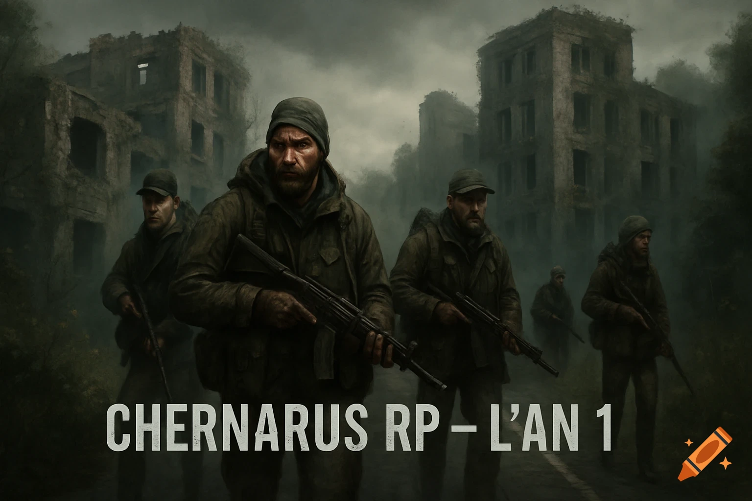 A group of armed survivors in military gear walks through a desolate, post-apocalyptic cityscape with ruined buildings. Text reads 'Chernarus RP – L’An 1'.