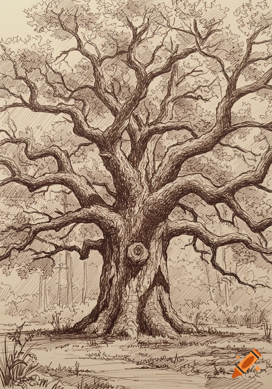 Detailed pen and ink drawing of a large, gnarled tree with extensive branches, surrounded by a forest landscape.