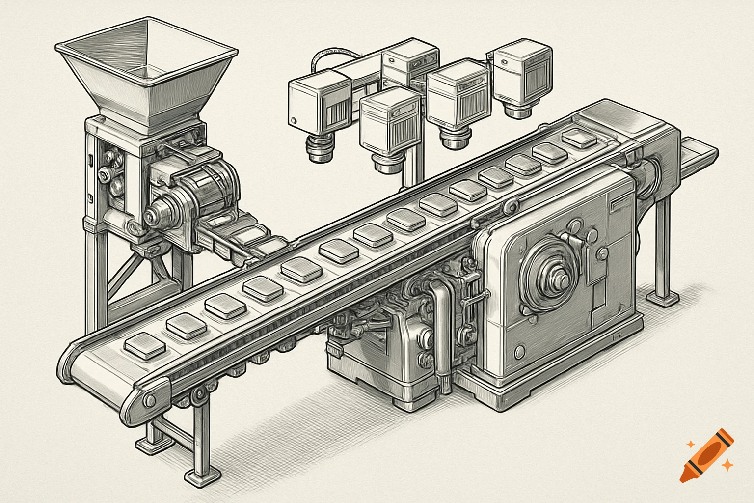 Isometric engineering drawing of an industrial machine with a conveyor belt, feeding system, and inspection stations.