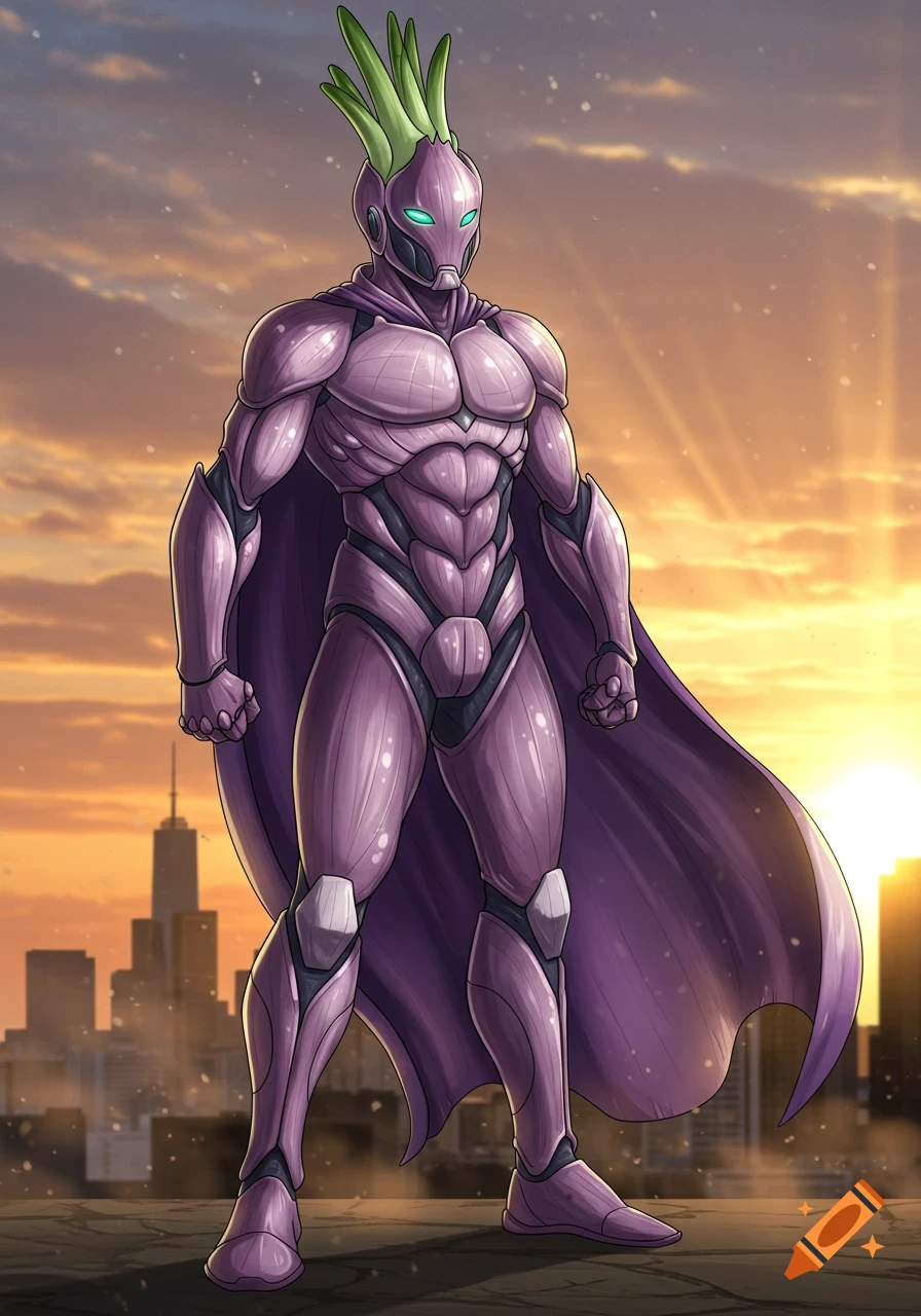 Purple-armored superhero with a green onion head and cape stands on a rooftop at sunset, city skyline in background.