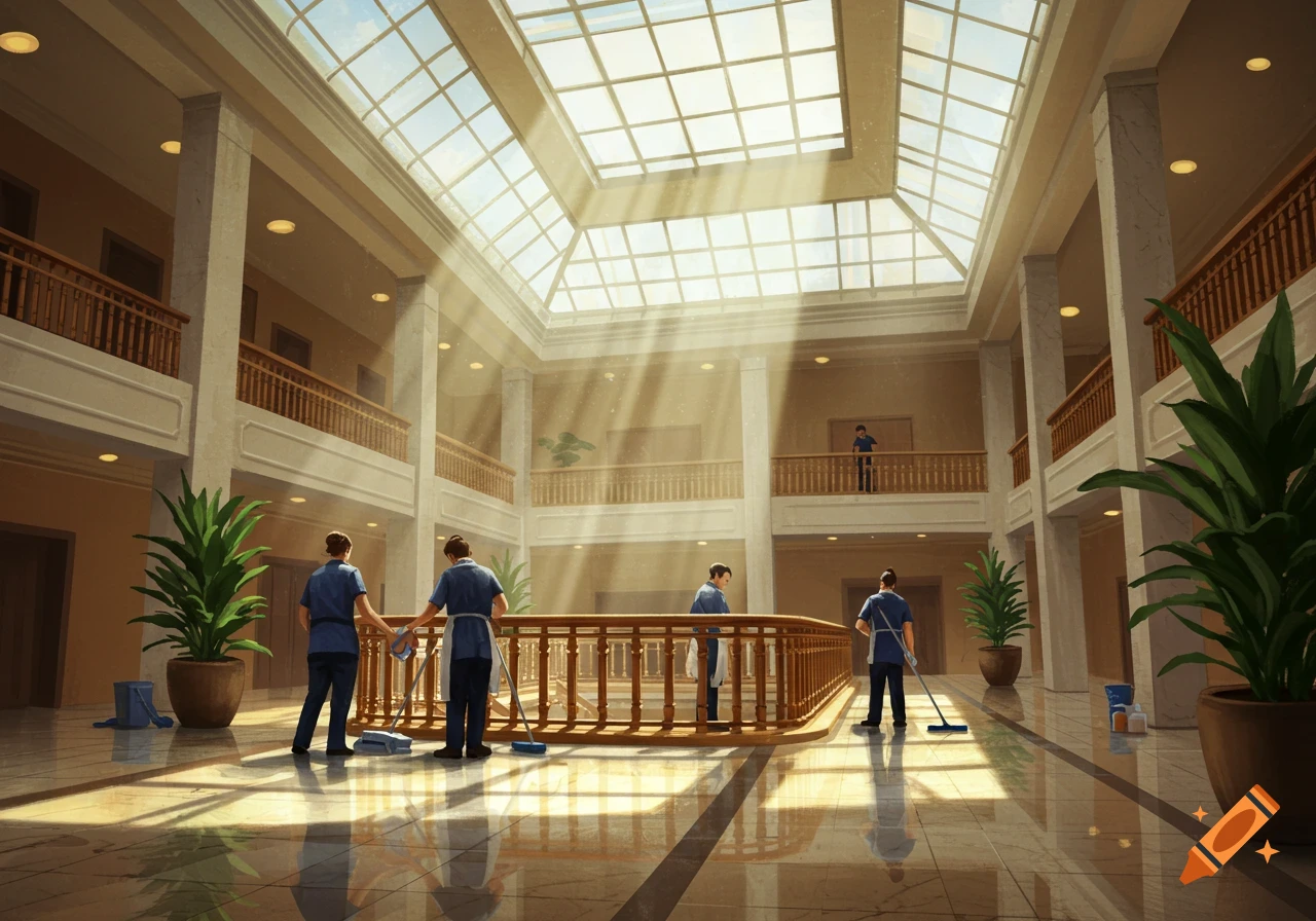Several custodians in blue uniforms mop the reflective floor of a grand, sunlit hall with a large glass skylight.