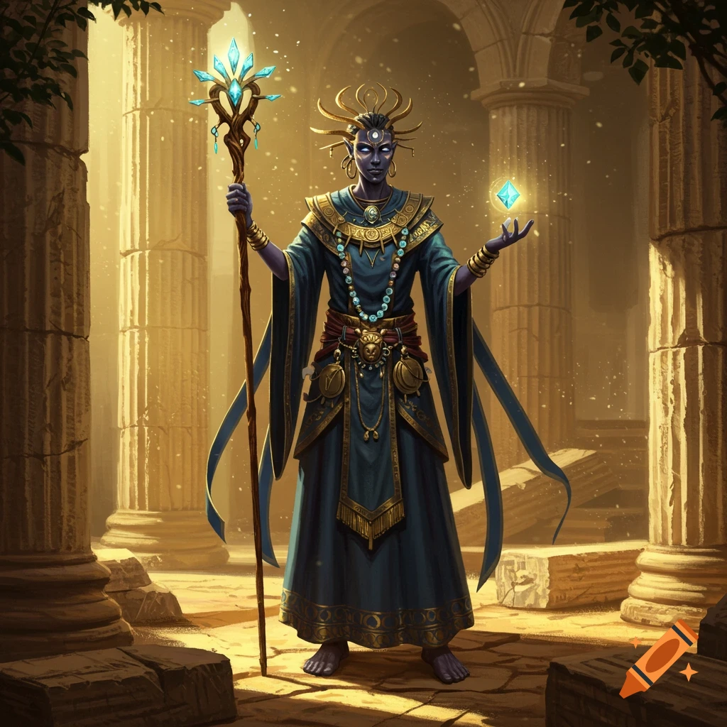 A purple-skinned fantasy character in ornate blue and gold robes stands in sunlit ancient ruins, holding a crystal staff and a floating crystal.