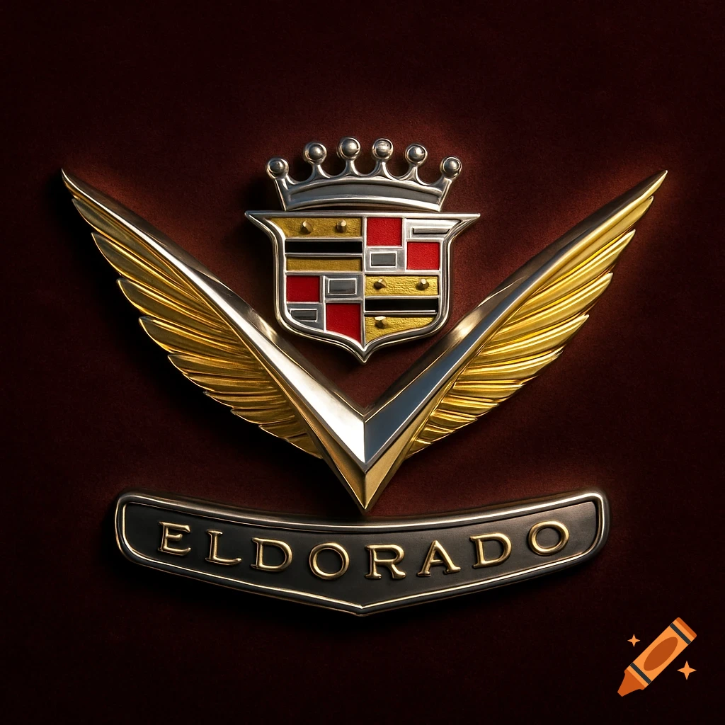 A photorealistic, close-up image of a vintage Cadillac Eldorado car logo featuring a shield with a crown, golden wings, and the word "ELDORADO" in gold.