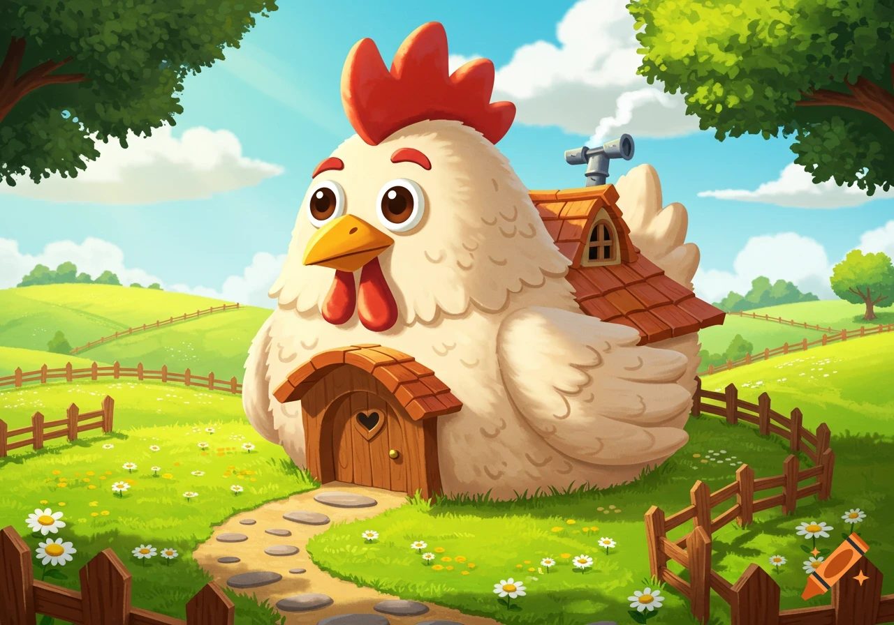 A whimsical cartoon chicken-shaped house with a red roof sits in a vibrant green field with a wooden fence and daisies under a blue sky.