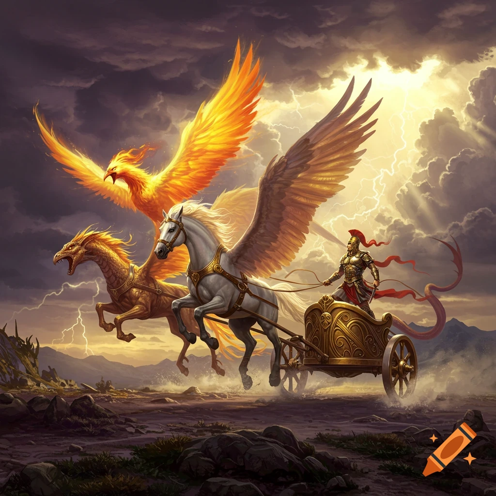 Golden armored charioteer in a chariot pulled by a winged horse and a dragon-like horse, a phoenix flying above, under a stormy, lightning-filled fantasy sky.
