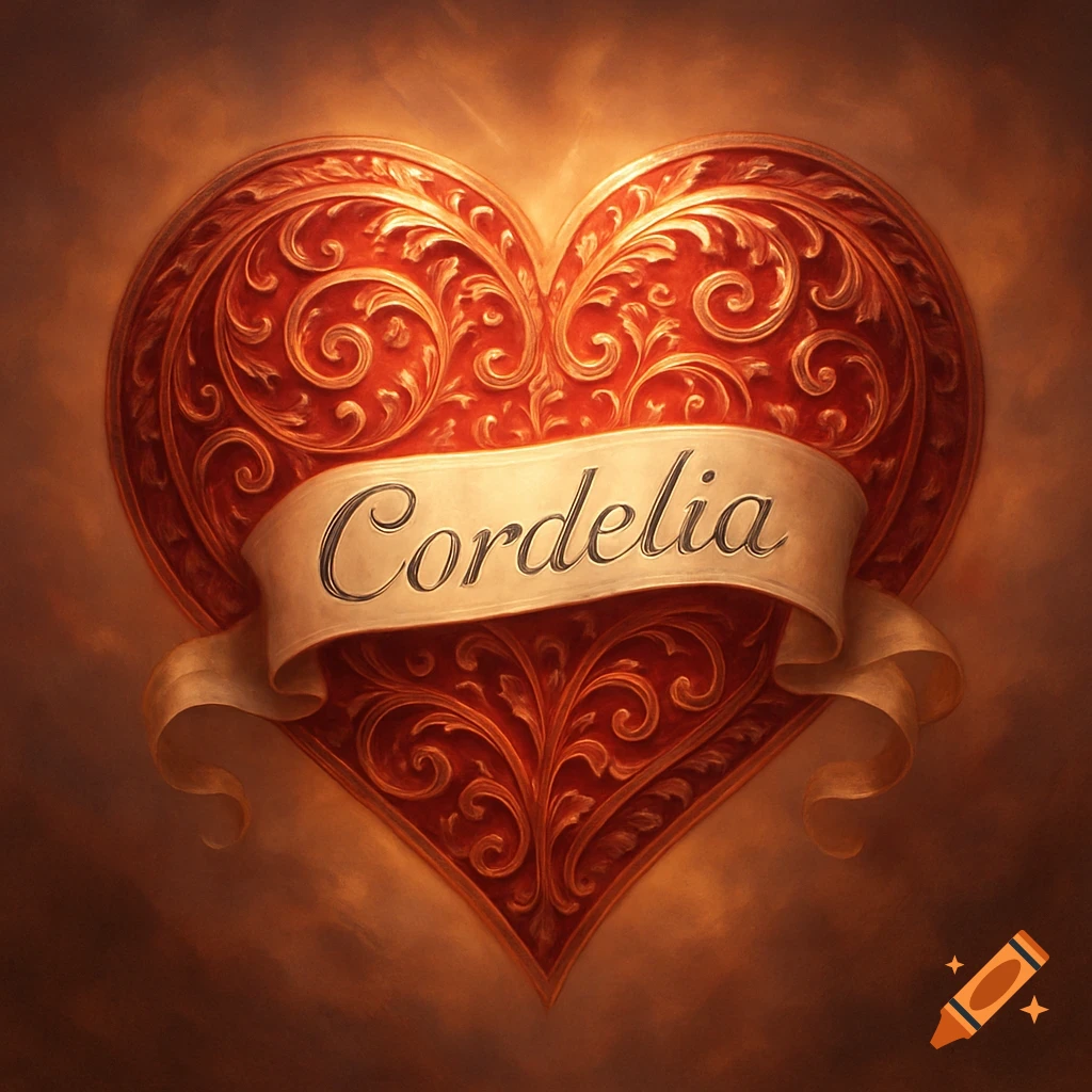 Ornate red and gold heart with intricate filigree, featuring a cream banner inscribed with 'Cordelia' across its center.