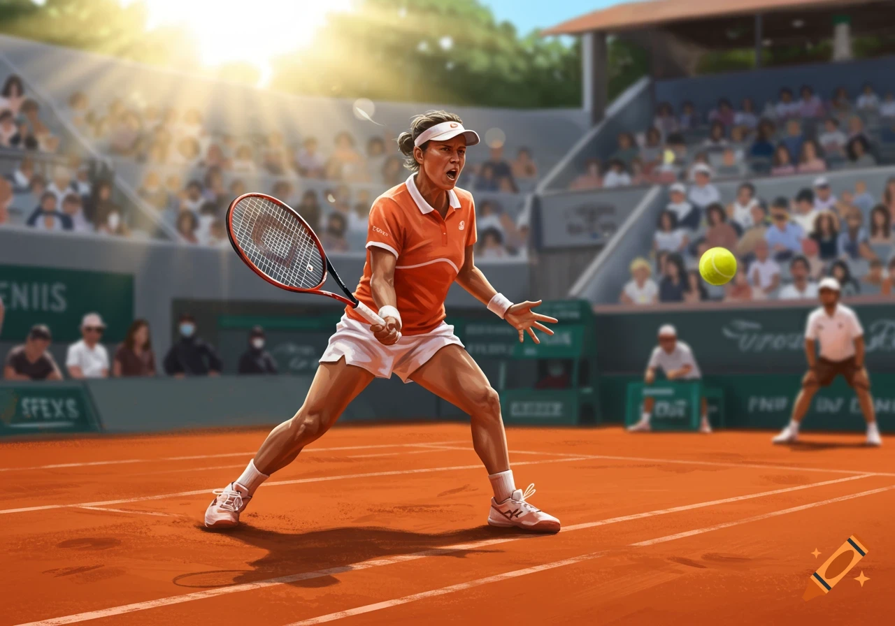 A female tennis player in an orange shirt and white shorts hits a tennis ball on a clay court, with spectators in the background. Digital art style.