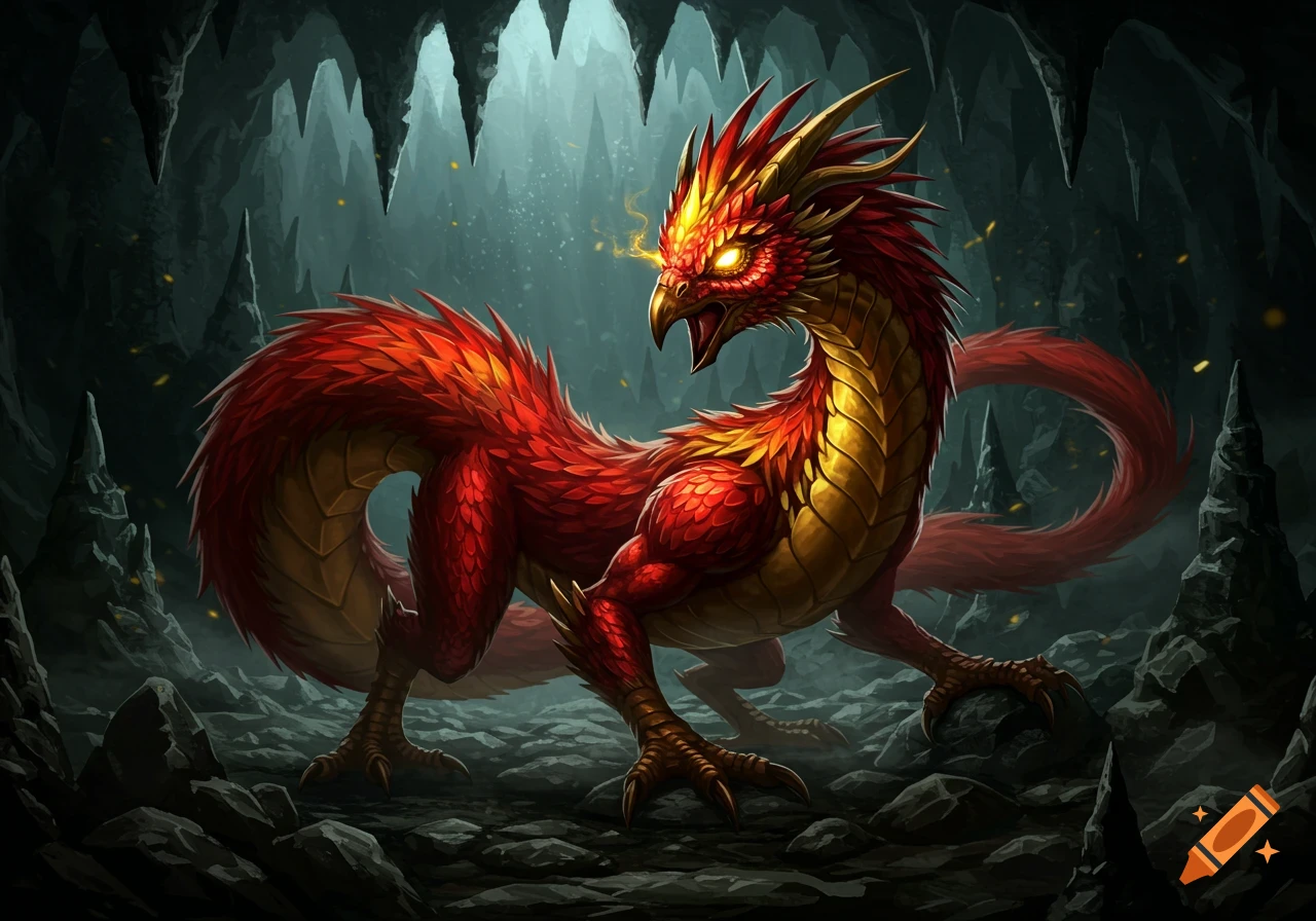 An aggressive red and gold fantasy dragon with glowing eyes in a dark cave, digital art style.