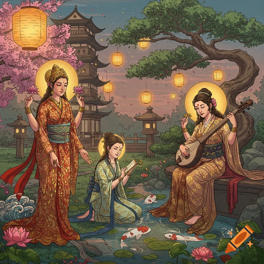Three women in ornate Japanese kimonos in a Japanese garden with cherry blossoms, lanterns, a pagoda, and a koi pond. One woman has multiple arms and holds lotus flowers, one kneels with a scroll, and another plays a stringed instrument.