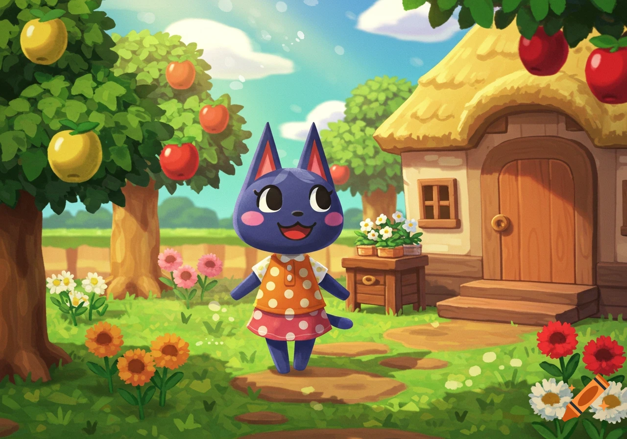 A cartoon dark blue cat in a polka dot shirt stands in a sunny Animal Crossing village with fruit trees, flowers, and a house.