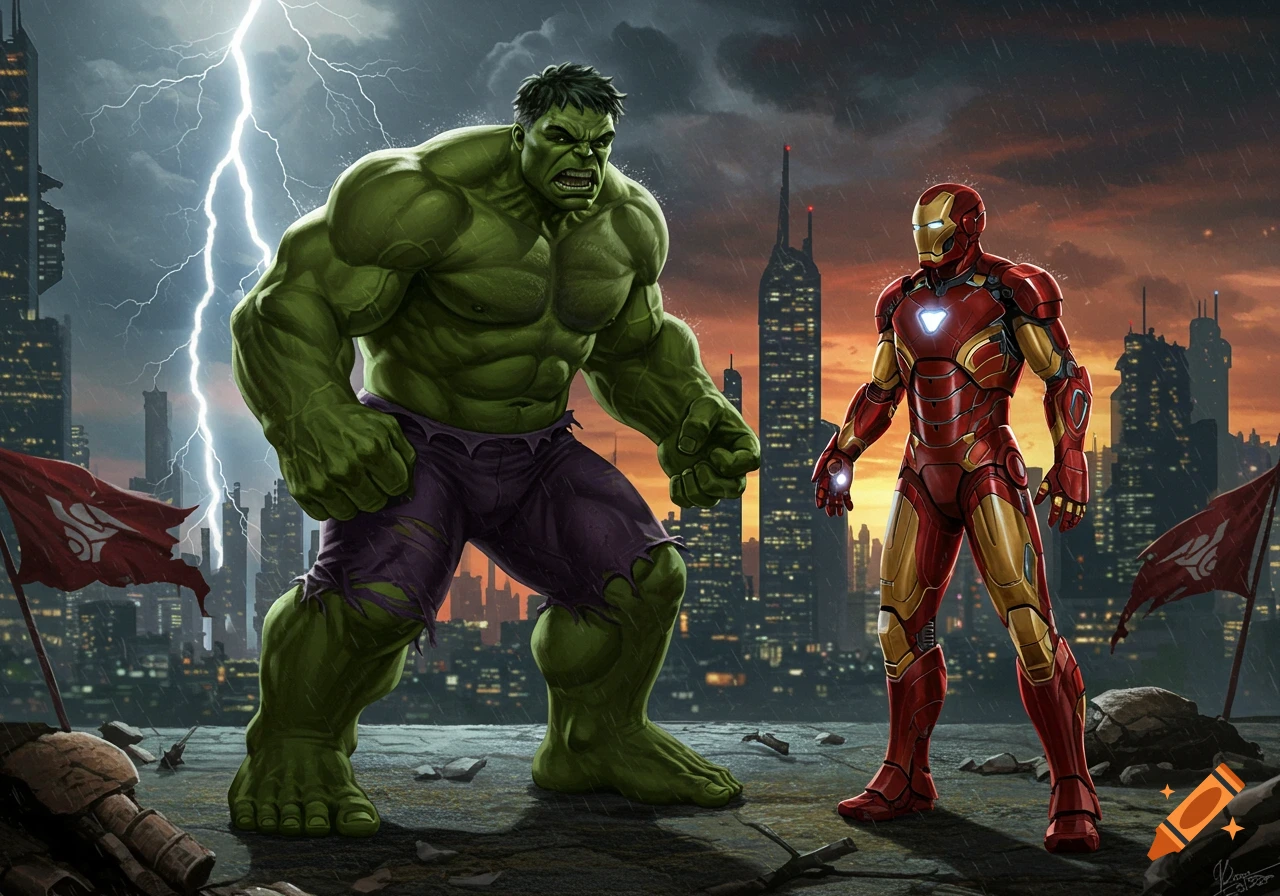 Hulk and Iron Man stand on a city rooftop during a lightning storm in a detailed comic art style.