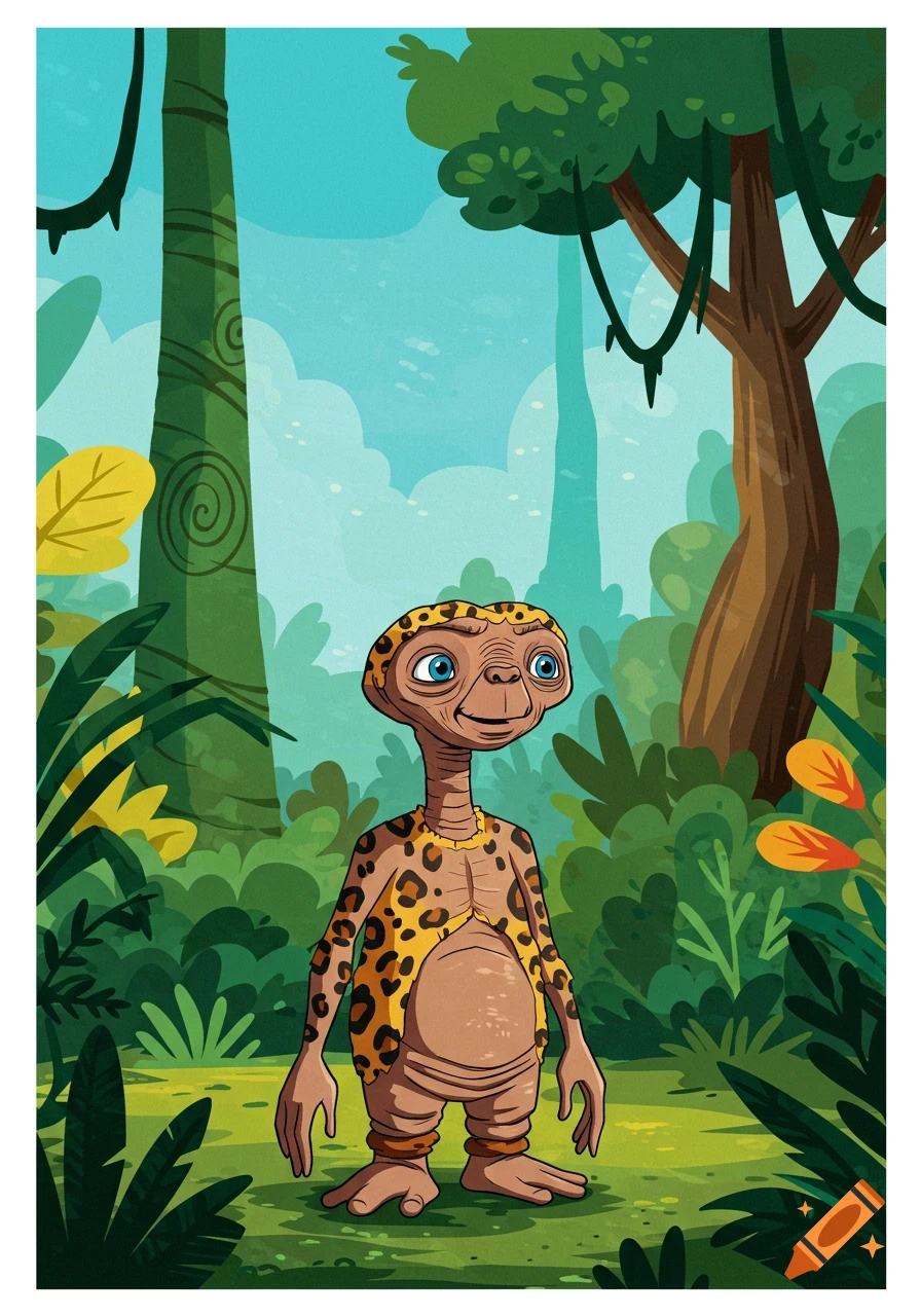 Cartoon illustration of E.T. the alien wearing a leopard print costume in a lush jungle.