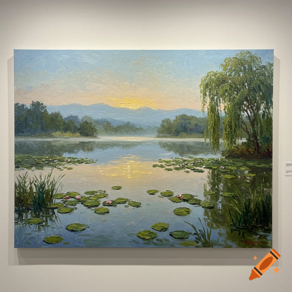 An oil painting of a serene lake with water lilies, a willow tree, and mountains under a sunrise, hanging in an art gallery.