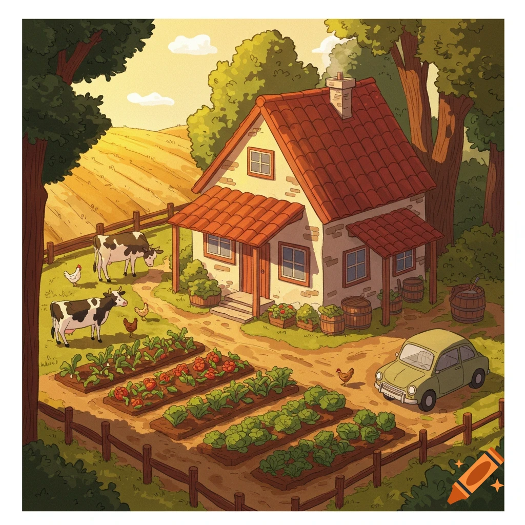 A cozy, friendly illustration of a rural farm scene with a house, vegetable garden, two cows, chickens, and a vintage car.