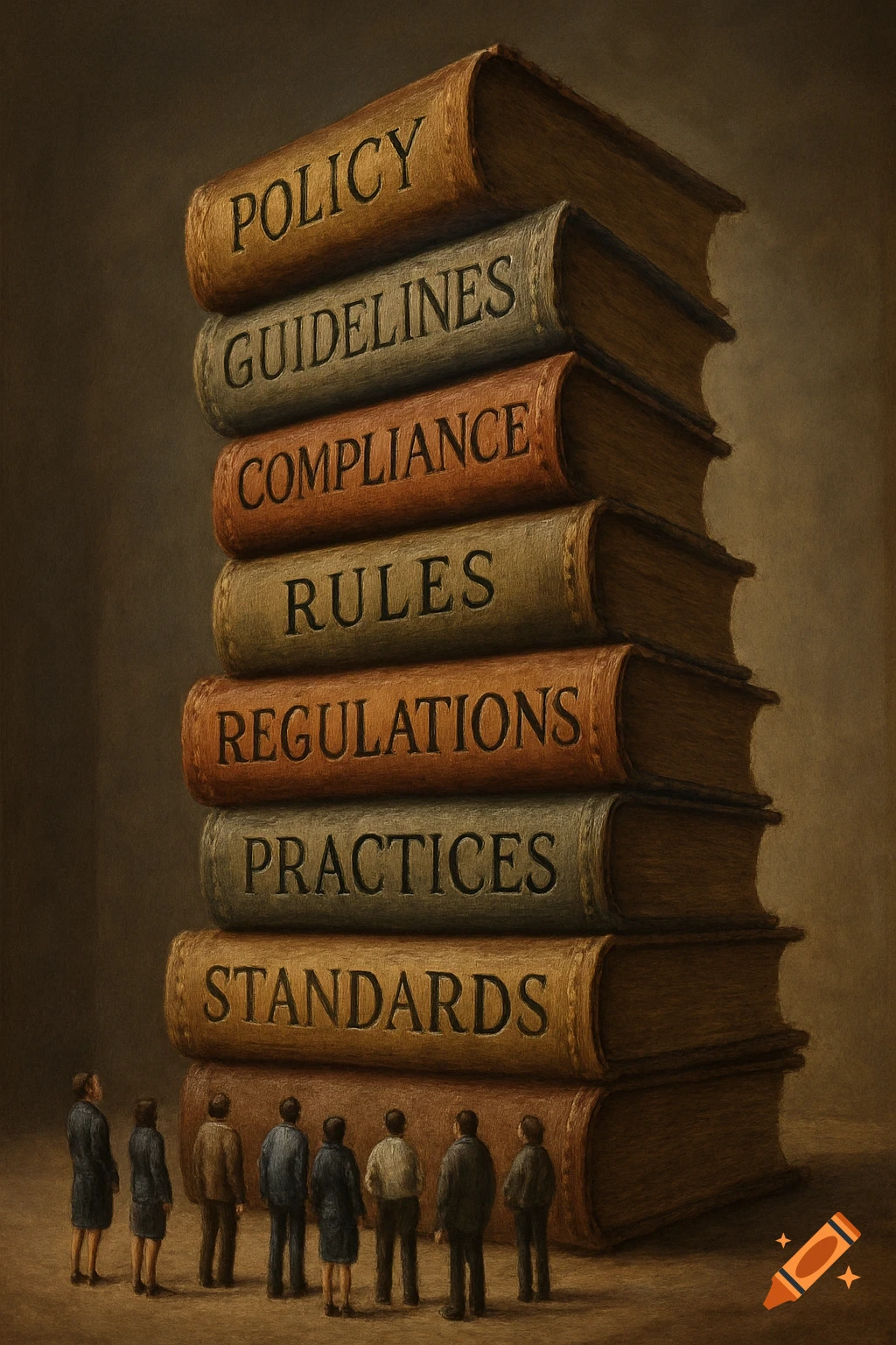 Tiny people stand before a towering stack of books labeled 'Policy,' 'Guidelines,' 'Compliance,' and other business terms.
