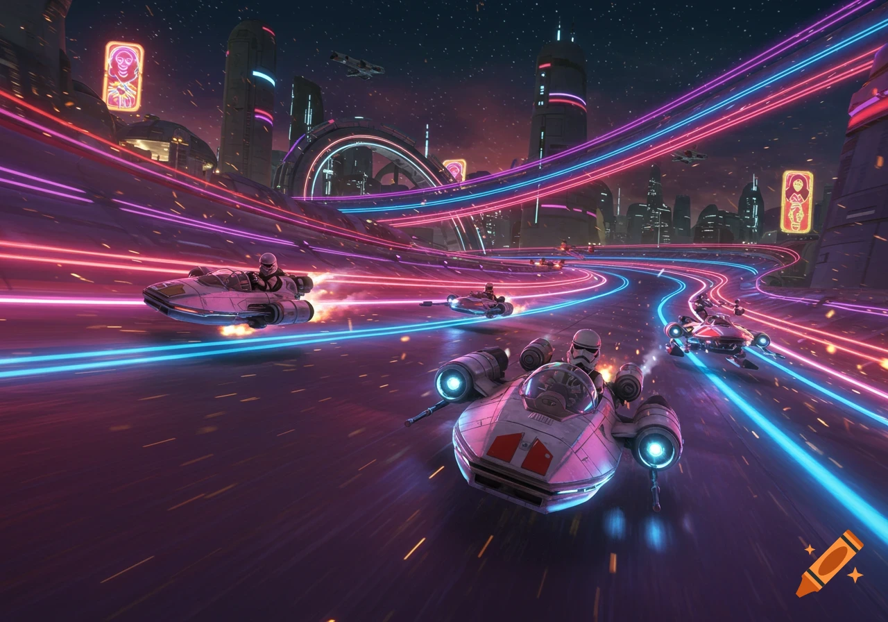 Futuristic Star Wars land speeders race along neon-lit tracks in a vibrant, sprawling cityscape at night.