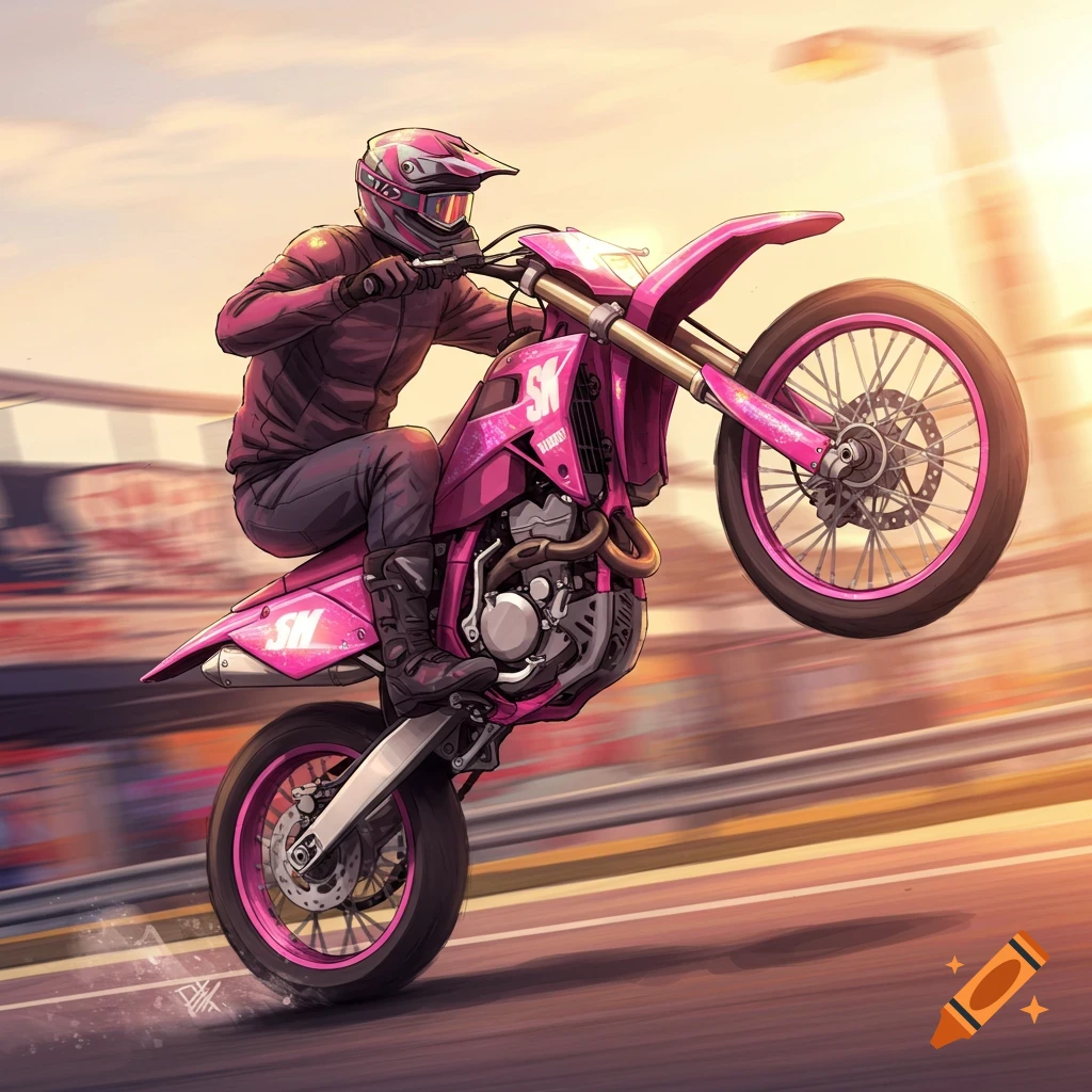 Illustrated rider on a pink supermoto motorcycle doing a wheelie on a track, at sunset.